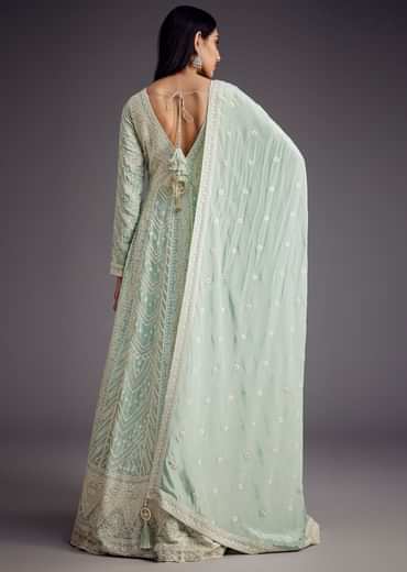 Mint Blue Lucknowi Work Anarkali With Matching Dupatta