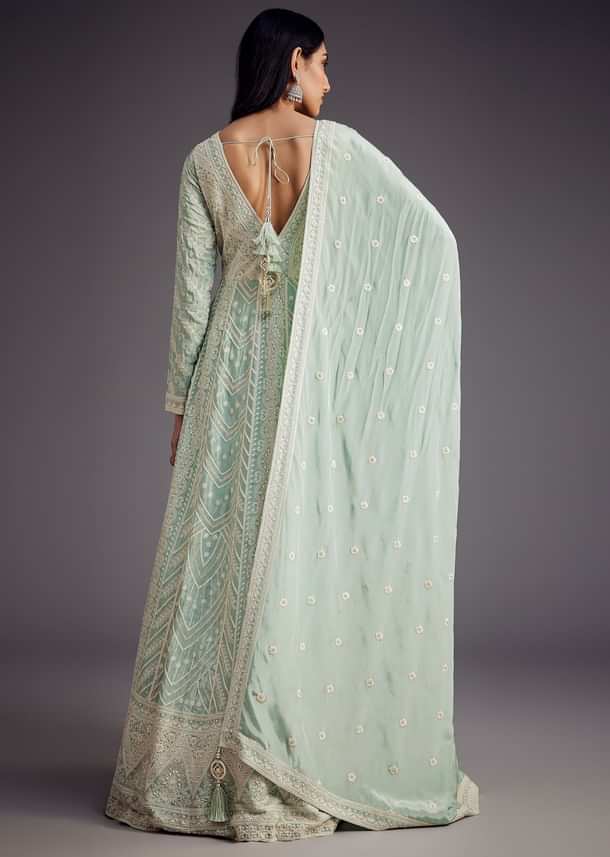 Mint Blue Lucknowi Work Anarkali With Matching Dupatta