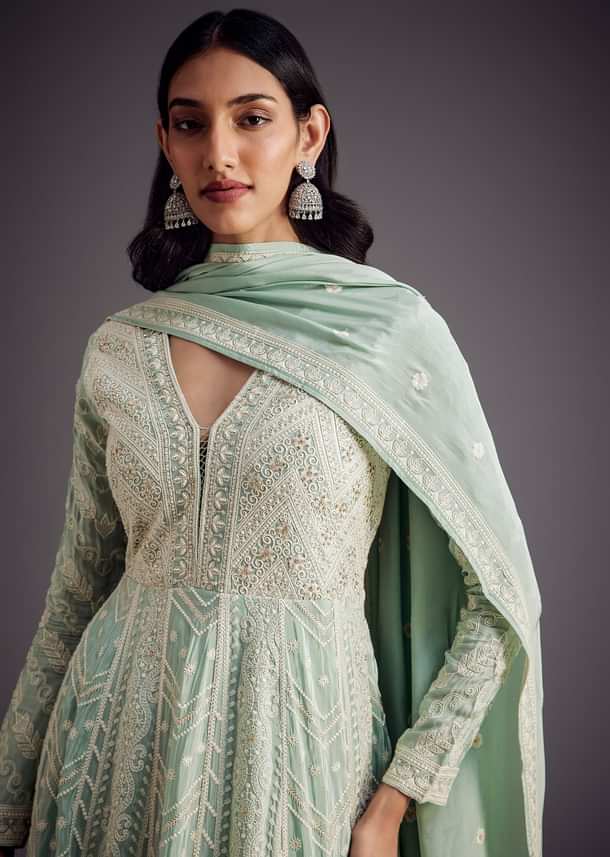 Mint Blue Lucknowi Work Anarkali With Matching Dupatta