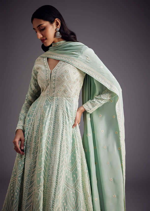 Mint Blue Lucknowi Work Anarkali With Matching Dupatta