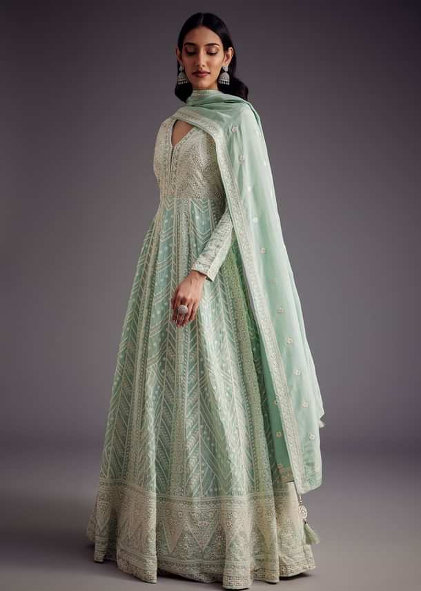 Mint Blue Lucknowi Work Anarkali With Matching Dupatta