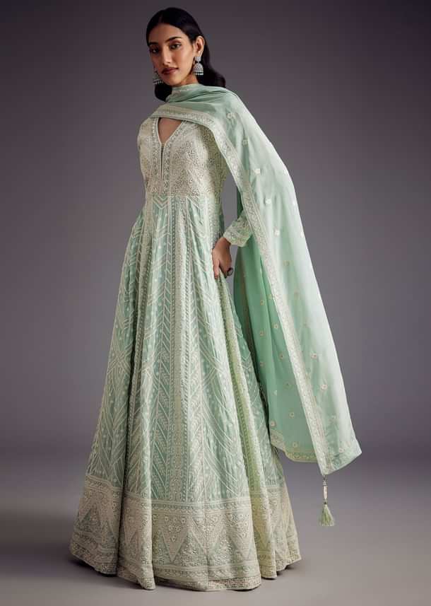 Mint Blue Lucknowi Work Anarkali With Matching Dupatta