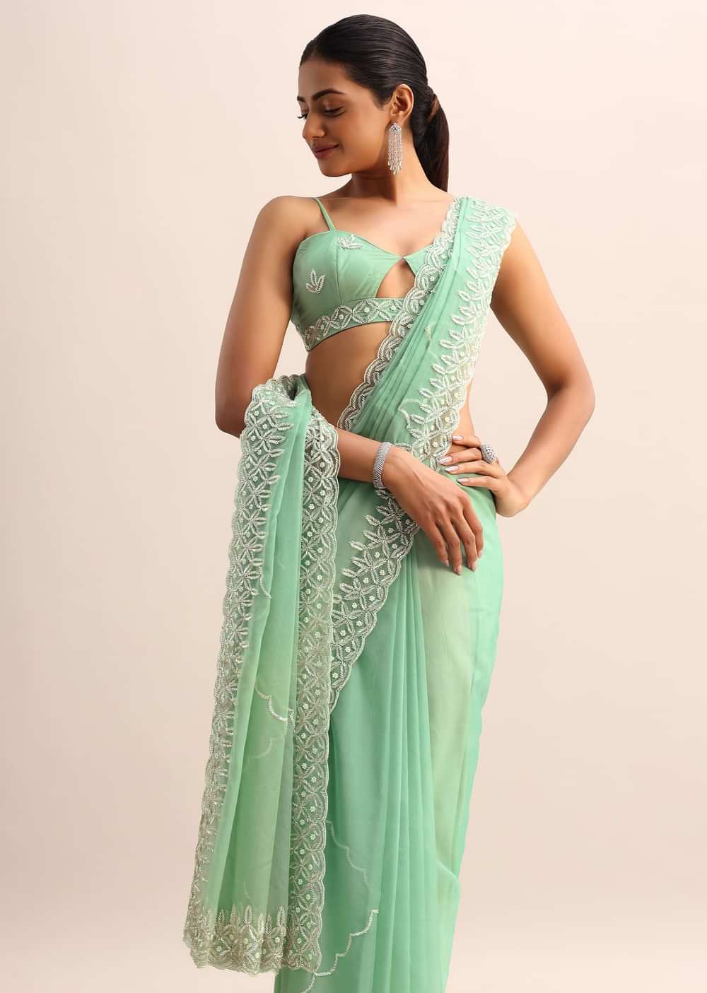 Mint Blue Organza Saree With Cutdana Embroidery And Scallop Border With Unstitched Blouse