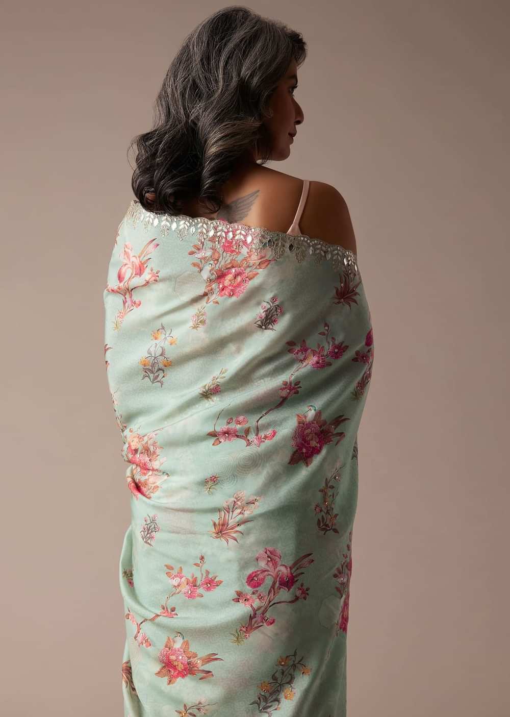 Mint Blue Saree In Muslin With Floral Print And Embroidery In Gotta Patti Work