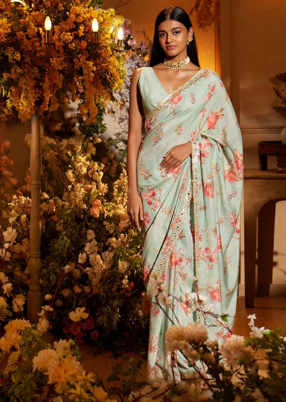 Mint Blue Saree In Muslin With Floral Print And Embroidery In Gotta Patti Work