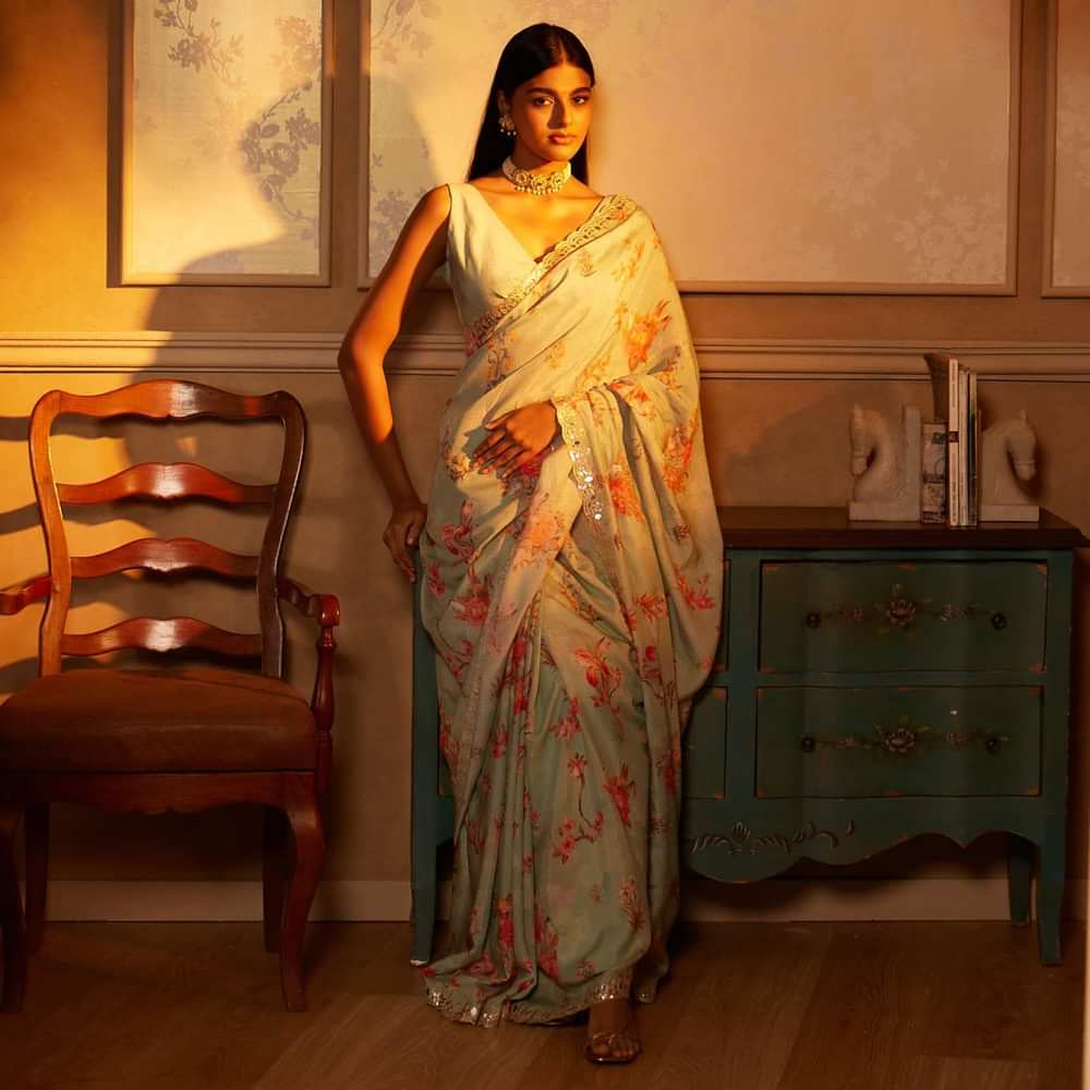 Mint Blue Saree In Muslin With Floral Print And Embroidery In Gotta Patti Work