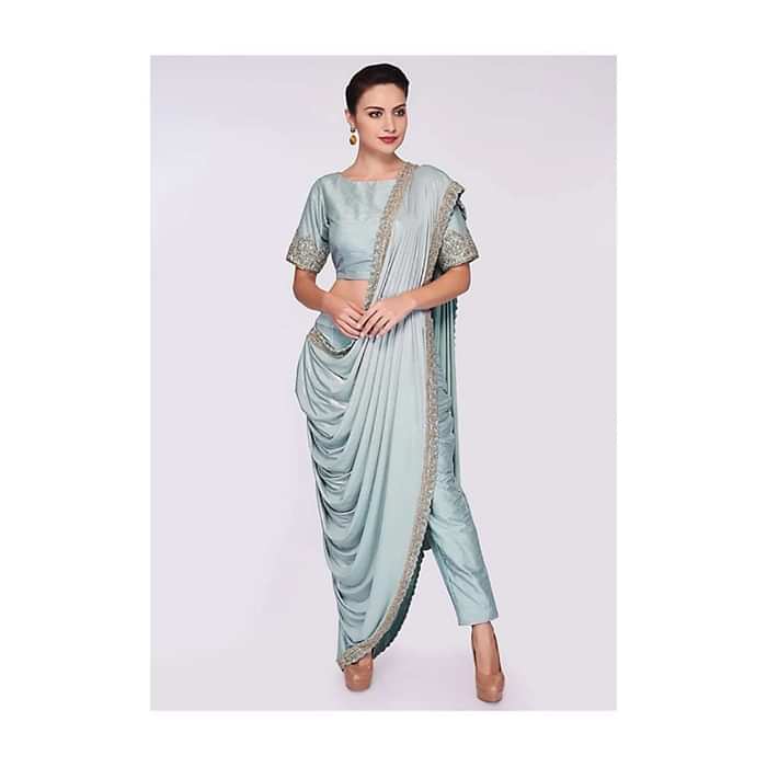Mint blue saree with pant enhanced with a lycra top layer only on Kalki