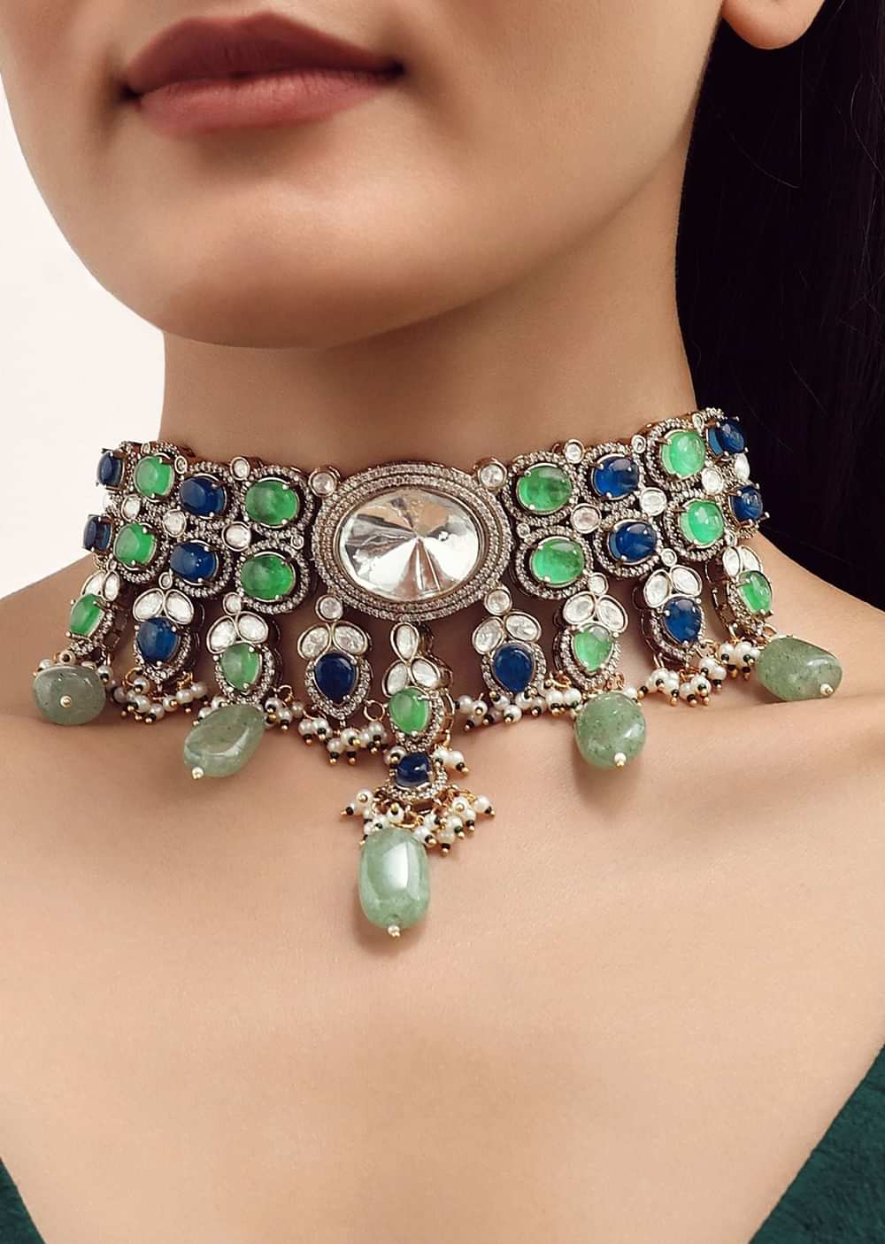 Mint Green And Gold Finish Moissanite Necklace Set With Earrings