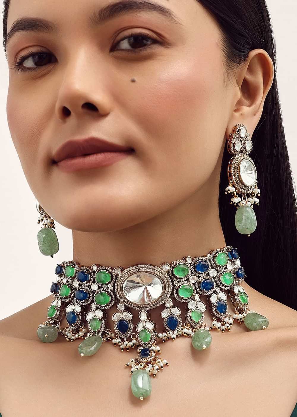 Mint Green And Gold Finish Moissanite Necklace Set With Earrings