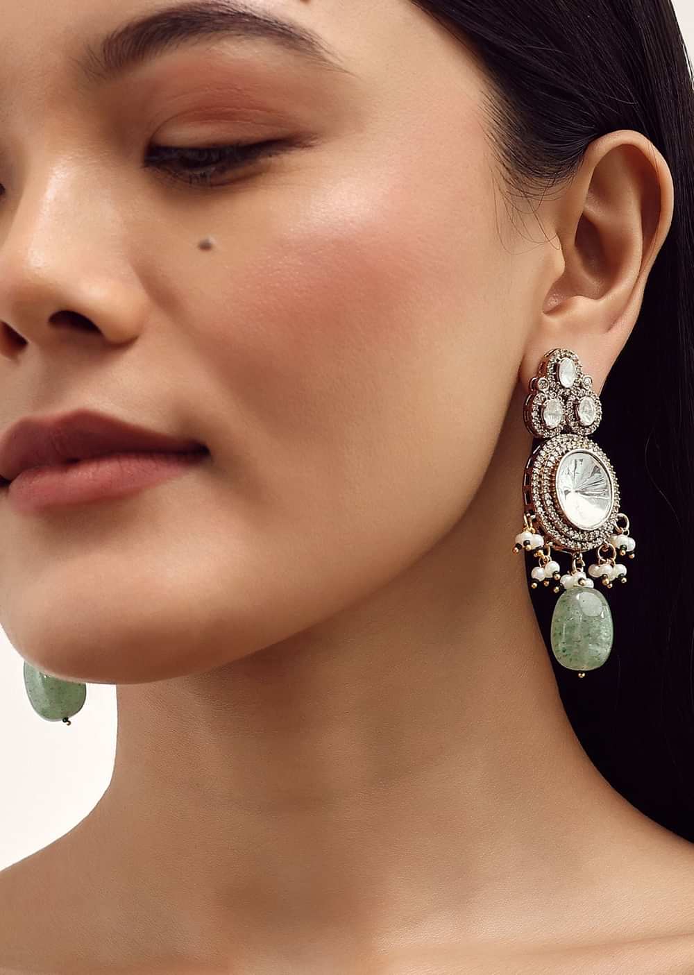 Mint Green And Gold Finish Moissanite Necklace Set With Earrings