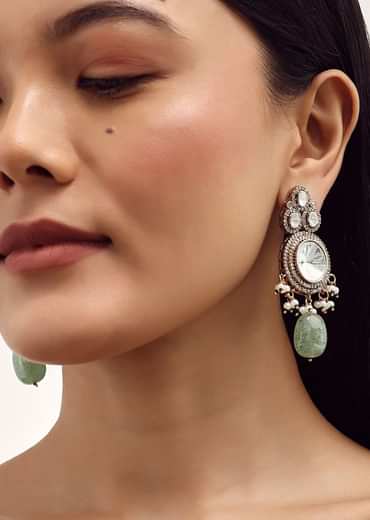 Mint Green And Gold Finish Moissanite Necklace Set With Earrings