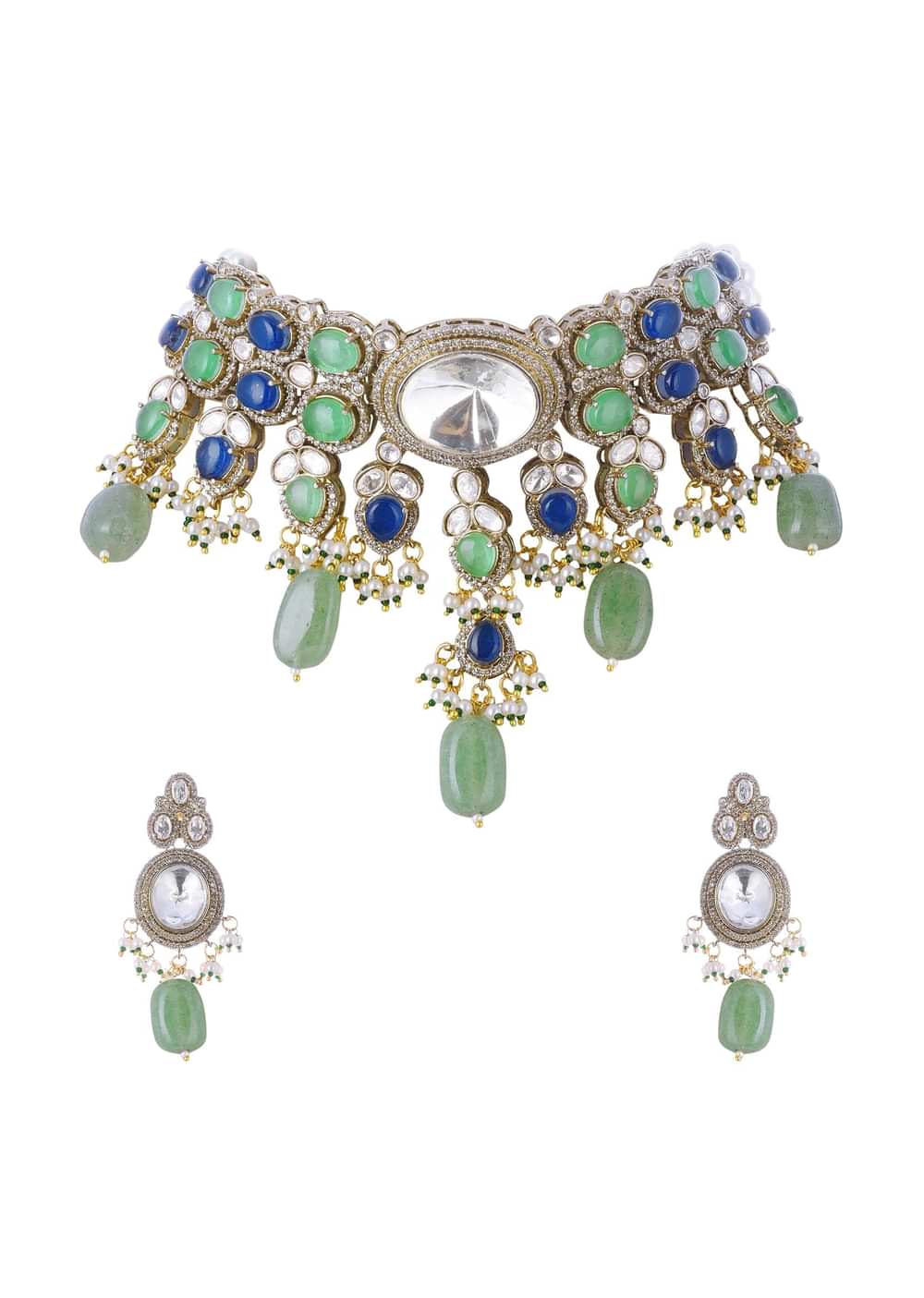 Mint Green And Gold Finish Moissanite Necklace Set With Earrings