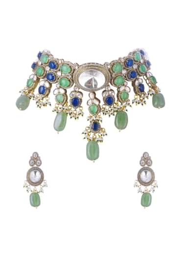 Mint Green And Gold Finish Moissanite Necklace Set With Earrings