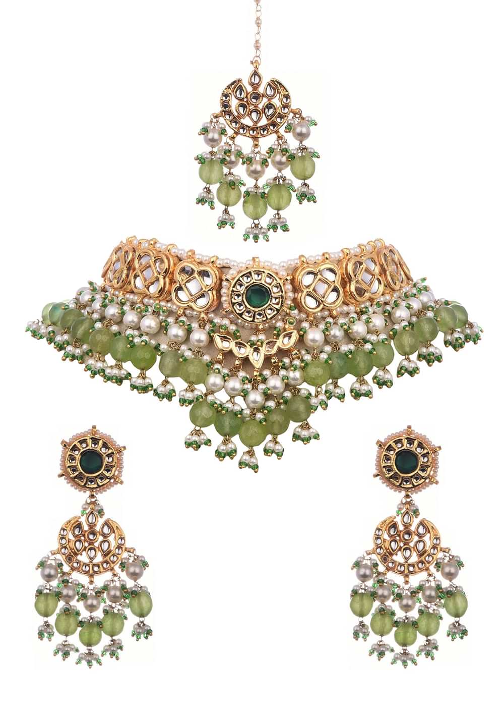 Mint Green And Gold Kundan Short Necklace Set In Mix Metal