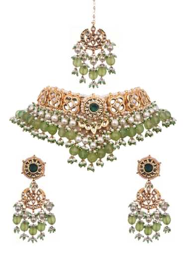 Mint Green And Gold Kundan Short Necklace Set In Mix Metal