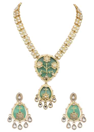 Mint Green And Gold Kundan Short Necklace Set With Stones
