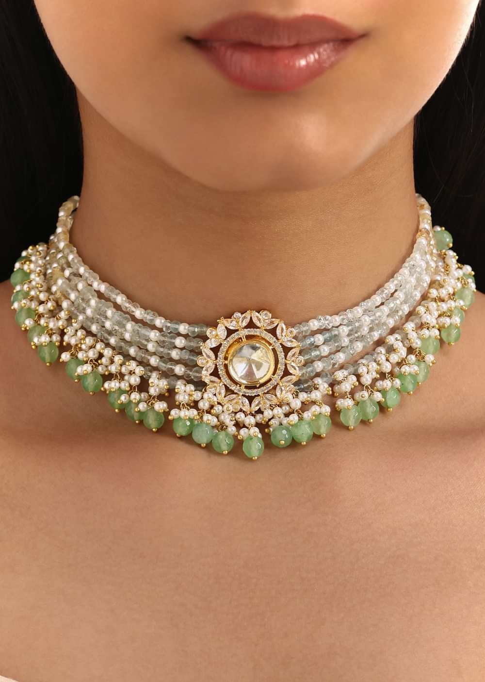 Mint Green And Gold Pachi Kundan Pendant Necklace Set
