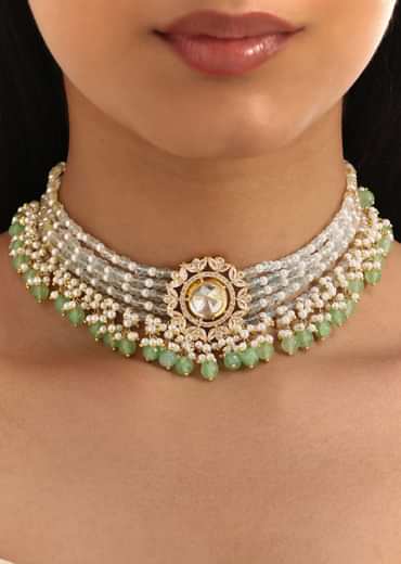 Mint Green And Gold Pachi Kundan Pendant Necklace Set