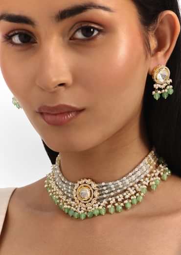 Mint Green And Gold Pachi Kundan Pendant Necklace Set