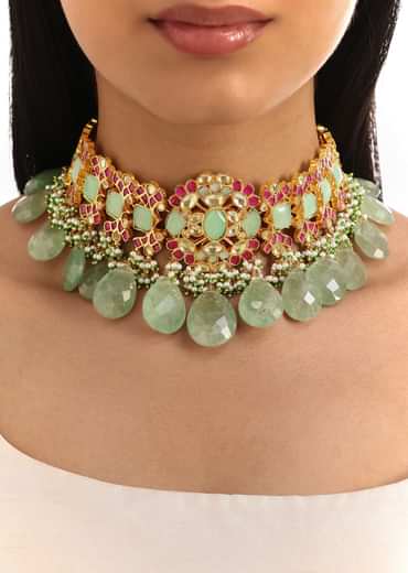Mint Green And Pink Pachi Kundan Choker Set