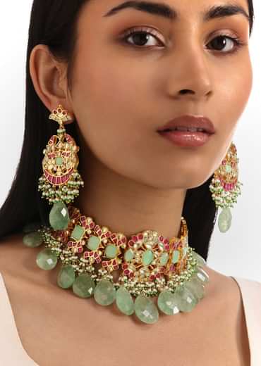 Mint Green And Pink Pachi Kundan Choker Set