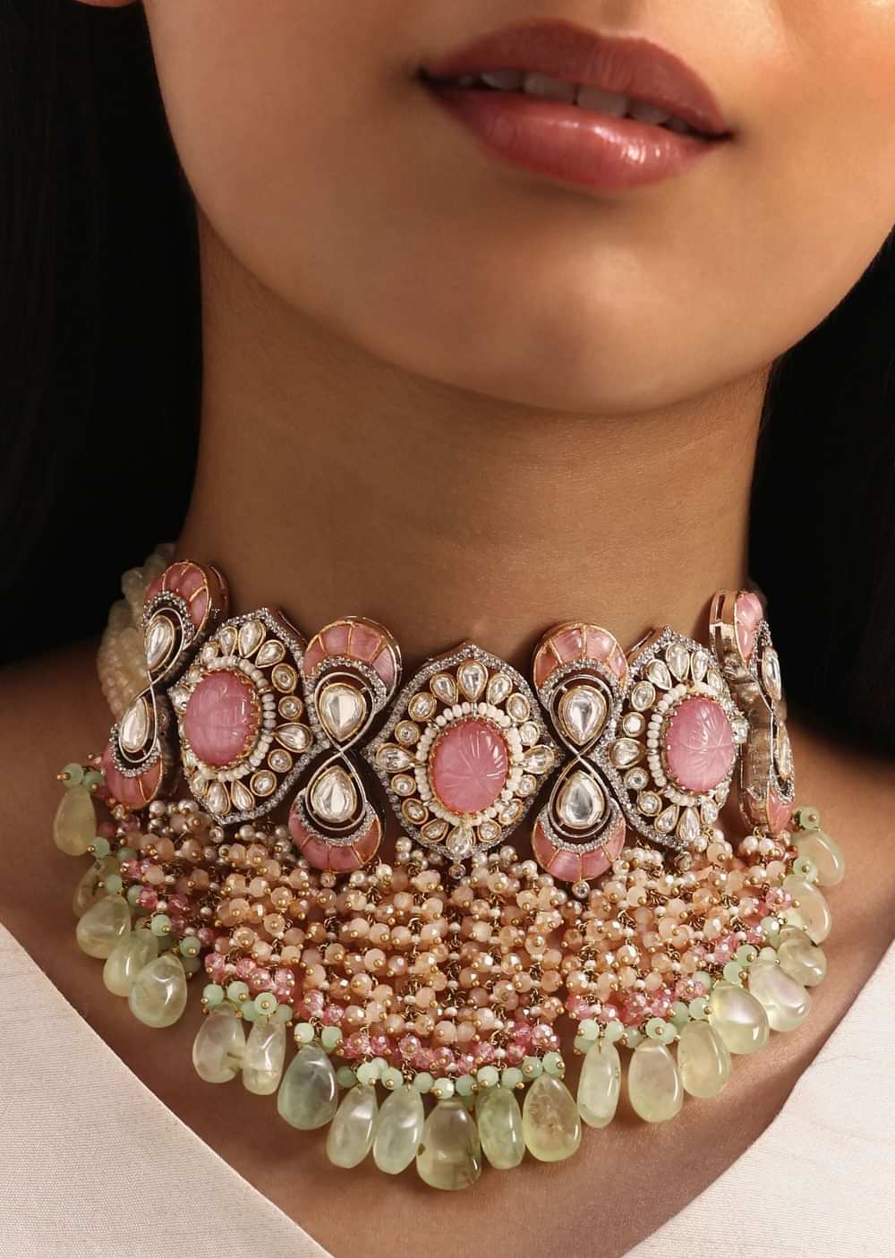 Mint Green And Pink Victorian Kundan Necklace Set