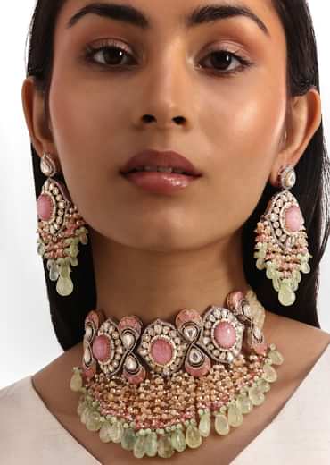Mint Green And Pink Victorian Kundan Necklace Set