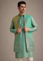 Mint Green And Yellow Pashmina Silk Jacket and Kurta Set