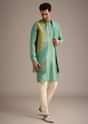 Mint Green And Yellow Pashmina Silk Jacket and Kurta Set