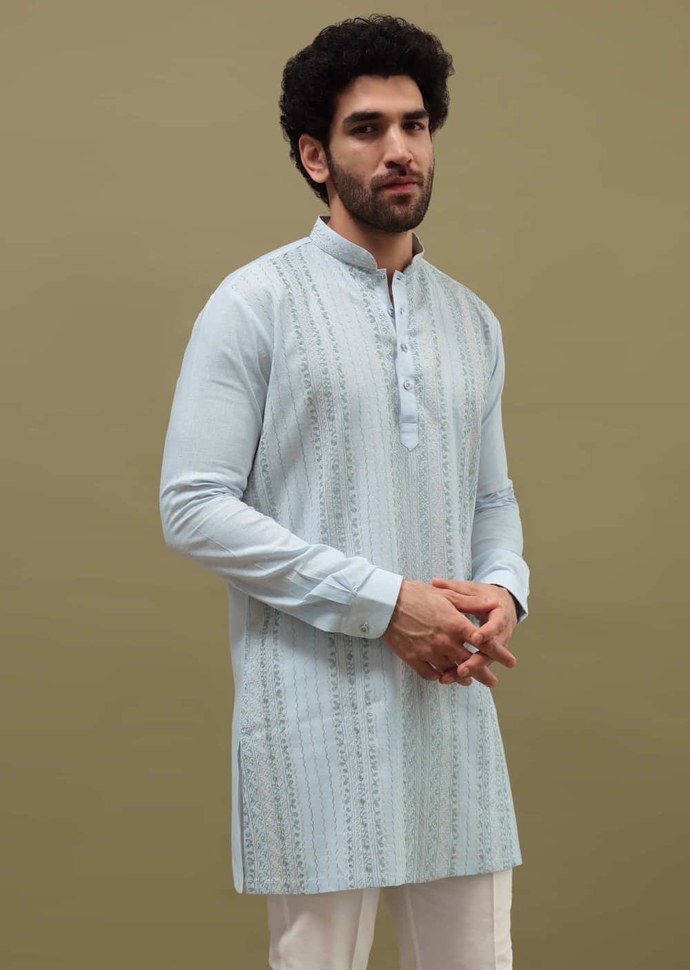 Mint Green Cotton Kurta Set With Resham Work For Men