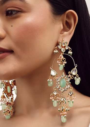 Mint Green Dangler Earrings With Kundan Work In Mix Metal