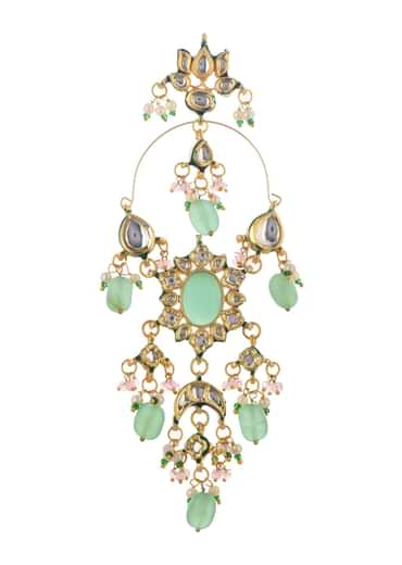 Mint Green Dangler Earrings With Kundan Work In Mix Metal