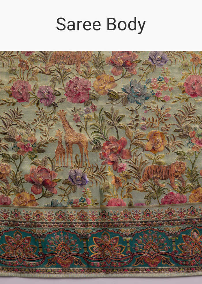 Mint Green Dola Silk Woven Saree With Embroidered Nature Motifs