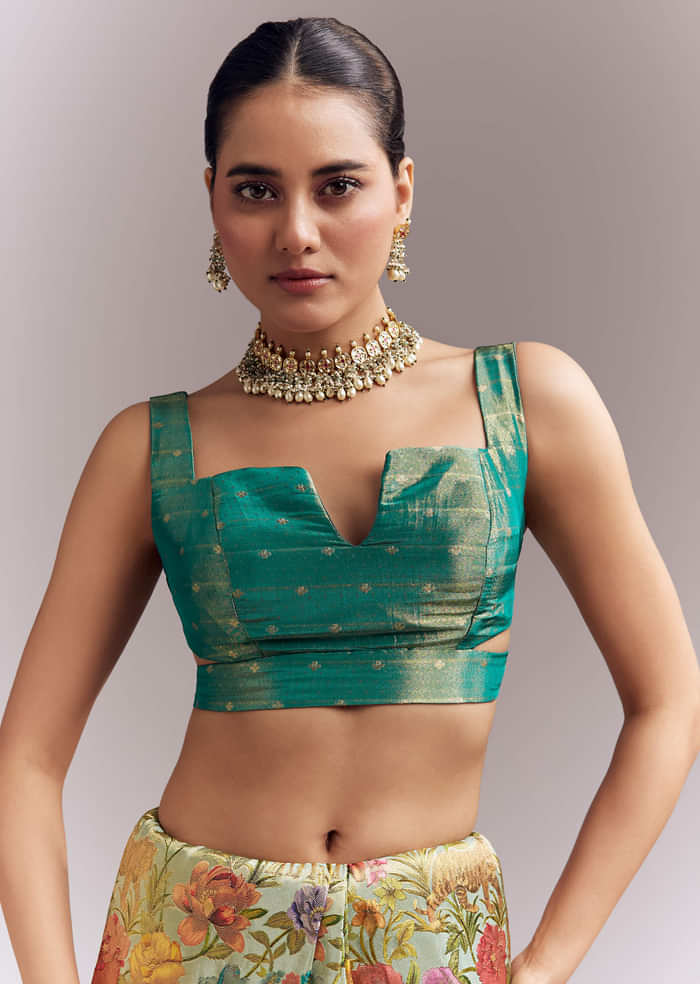 Mint Green Dola Silk Woven Saree With Embroidered Nature Motifs