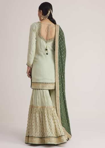 Mint Green Embroidered Sharara Set With Dark Green Dupatta