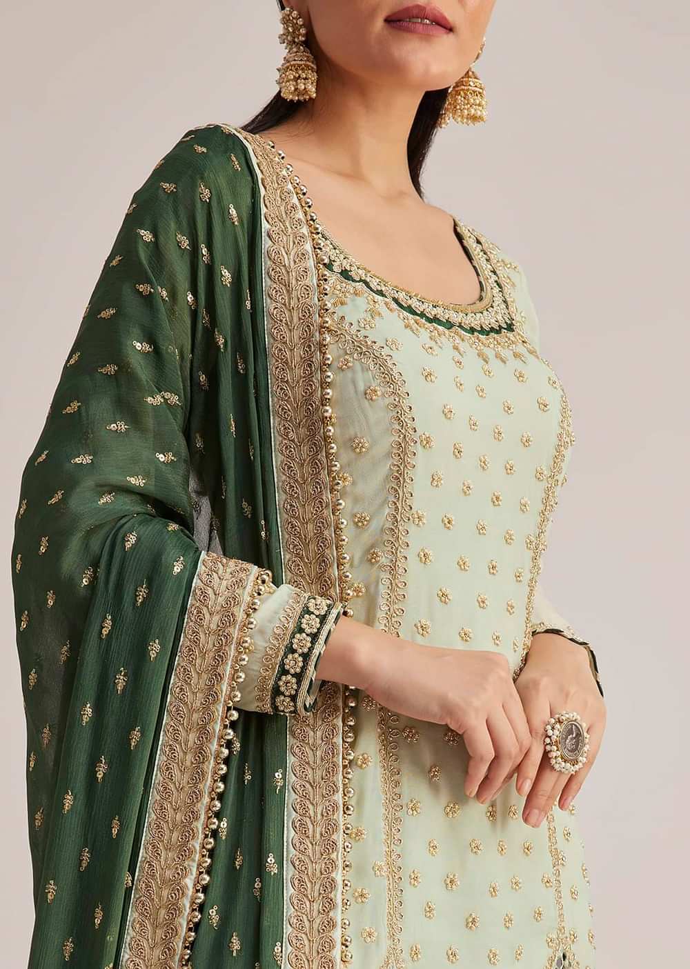Mint Green Embroidered Sharara Set With Dark Green Dupatta