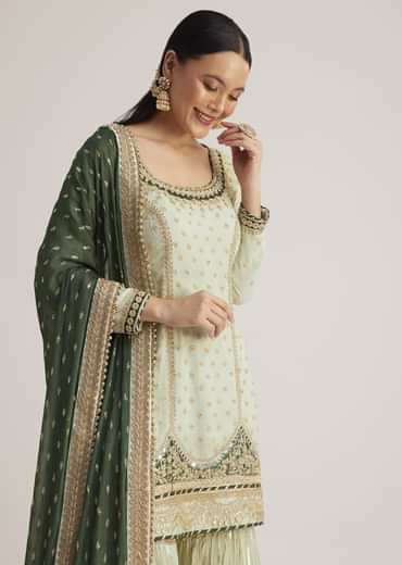 Mint Green Embroidered Sharara Set With Dark Green Dupatta