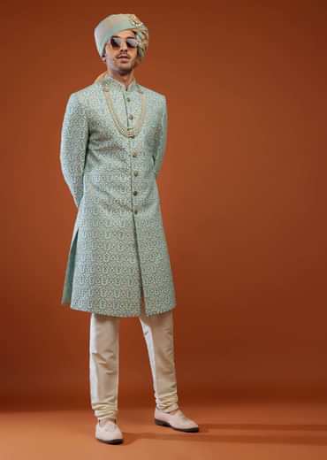 Powder Blue Embroidered Tussar Silk Sherwani Set