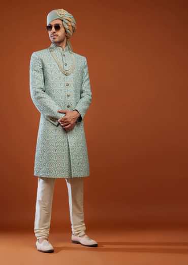 Powder Blue Embroidered Tussar Silk Sherwani Set