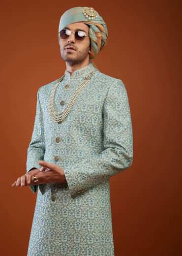 Powder Blue Embroidered Tussar Silk Sherwani Set