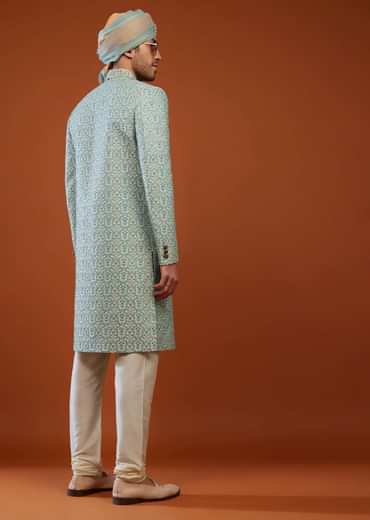 Powder Blue Embroidered Tussar Silk Sherwani Set