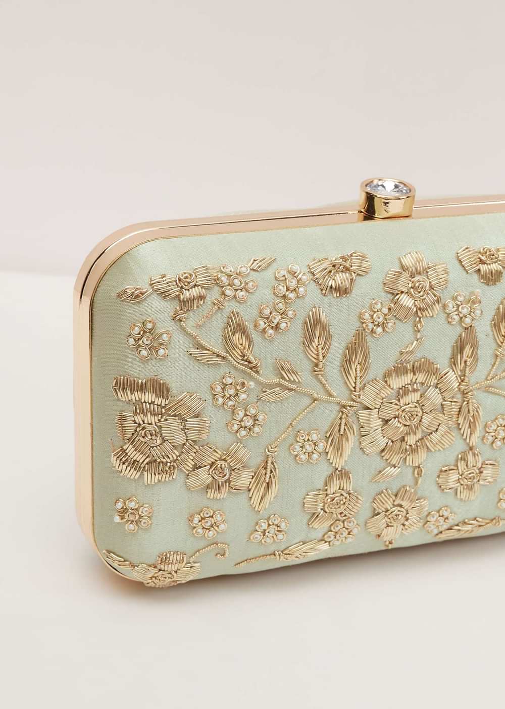 Pista Green Floral Clutch On Silk Fabric