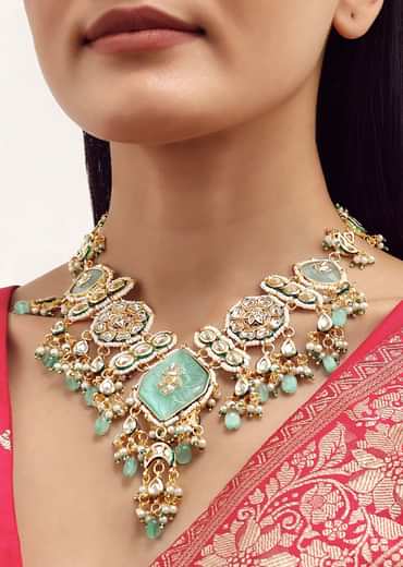 Mint Green Gold Finish Long Necklace Set With Kundan In Mix Metal