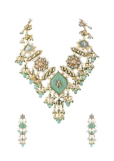Mint Green Gold Finish Long Necklace Set With Kundan In Mix Metal