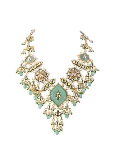 Mint Green Gold Finish Long Necklace Set With Kundan In Mix Metal