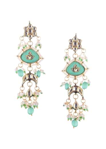 Mint Green Gold Finish Long Necklace Set With Kundan In Mix Metal