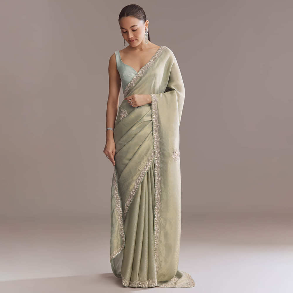 Mint Green Jacquard Saree With Cutdana And Sequin Embroidery
