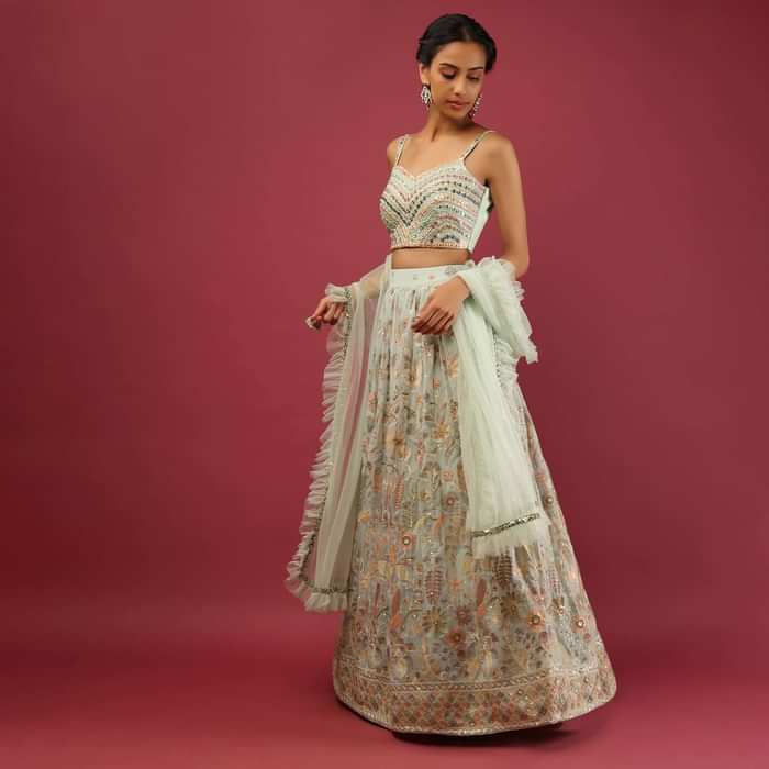 Mint Green Lehenga Choli In Georgette With Colorful Resham Embroidered Floral Jaal And Mirror Work