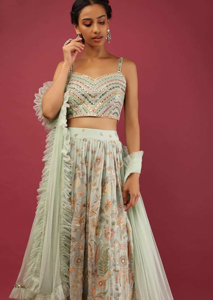 Mint Green Lehenga Choli In Georgette With Colorful Resham Embroidered Floral Jaal And Mirror Work