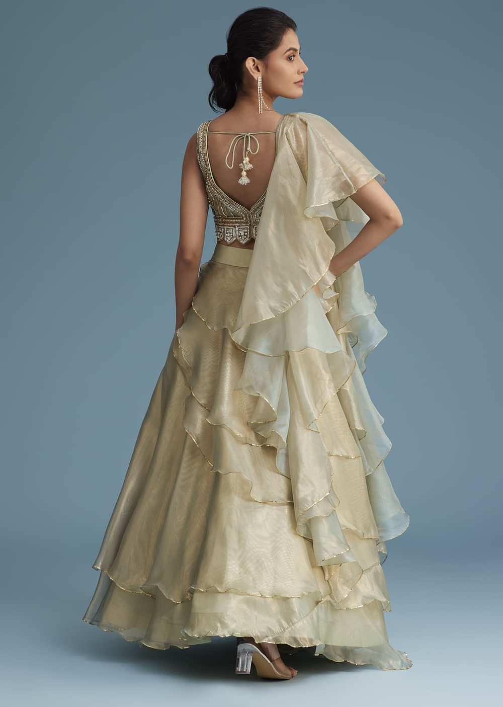 Mint Green Organza Layered Lehenga Set